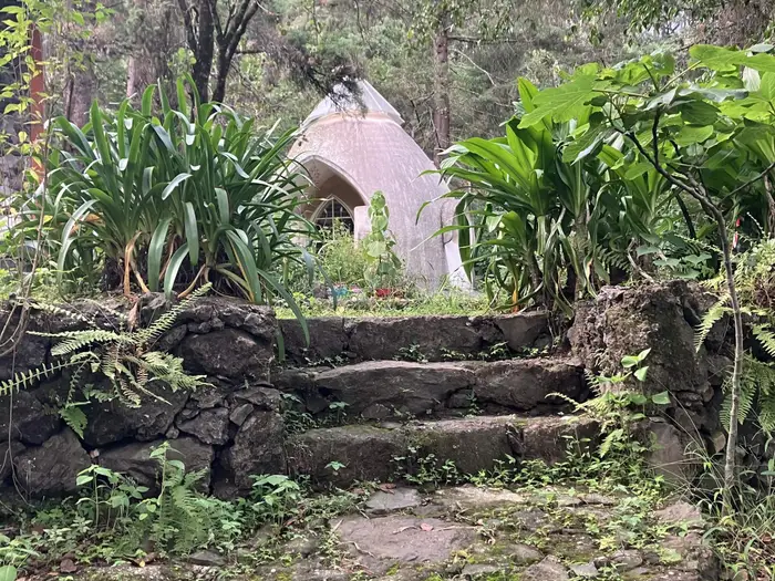 Broad stone steps between agaves, with a rendered structure visible beyond.
